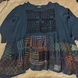 BLUE FISH Hand Painted Thermal Tunic 2 Plus sz Teal Blue Peplum Waffle Top 18/20